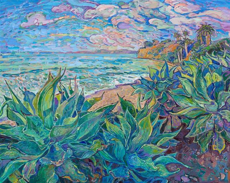 Santa Barbara has a beautiful stretch of Pacific coastline with white sand beaches, lined with colorful boulders, shaggy palm trees, and aqua-colored agave plants. This painting by Erin Hanson captures these agaves with loose, expressive brushstrokes and a joyful expression of color.