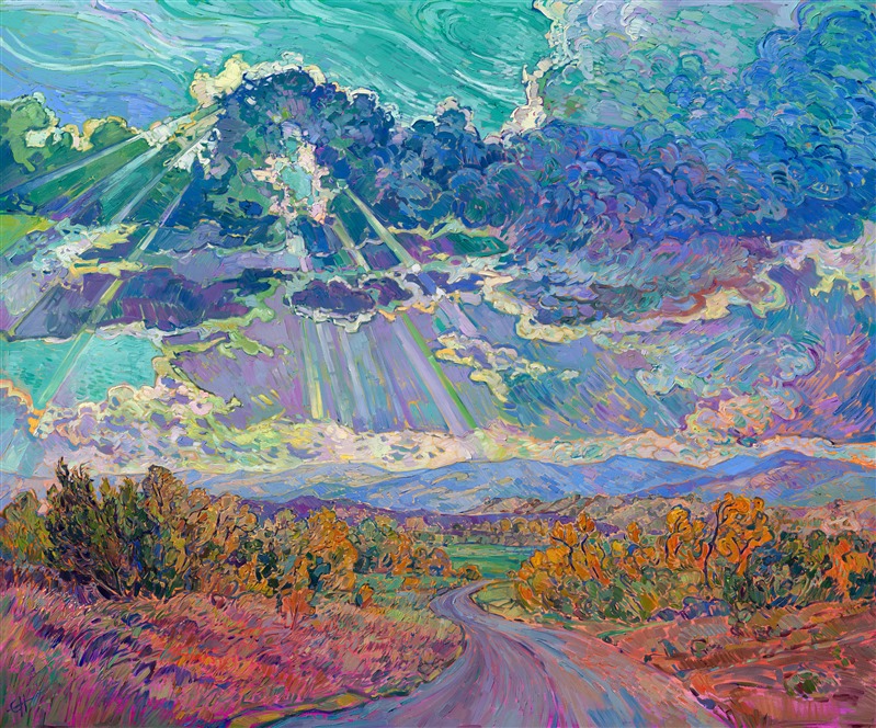 Rolling clouds hang low over the horizon, parting for the long rays of late afternoon sun to streak through and illuminate the ground below. The pathway leads you into the painting, into a world of beauty and light brought to life with thick, impasto brush strokes of oil paint. 

Erin Hanson creates her Open Impressionism paintings using only five colors, and she tries not to overlap her brushstrokes, getting the painting "right the first time." The underpainting peeks out between the brush strokes, creating a mosaic, or stained glass, look to her paintings. "Amazing Grace" will be on display at The Erin Hanson Gallery for The Colossal Collection on August 9th, 2025. You are welcome to join us for the Artist's reception! You may purchase this painting in advance, but the piece will not ship until after August 9th.
