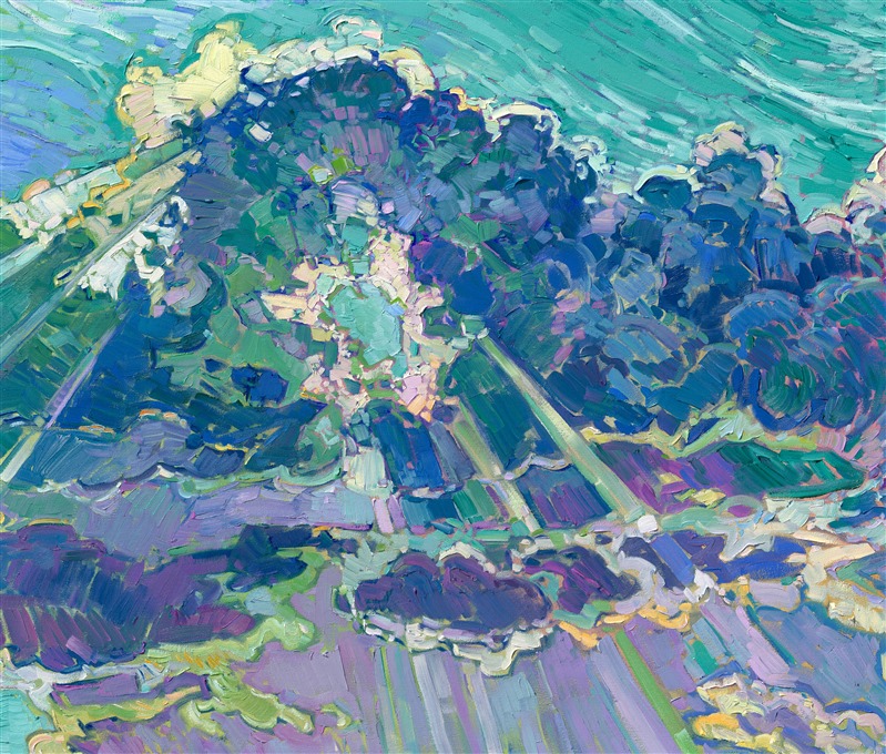 Rolling clouds hang low over the horizon, parting for the long rays of late afternoon sun to streak through and illuminate the ground below. The pathway leads you into the painting, into a world of beauty and light brought to life with thick, impasto brush strokes of oil paint. </p><p>Erin Hanson creates her Open Impressionism paintings using only five colors, and she tries not to overlap her brushstrokes, getting the painting "right the first time." The underpainting peeks out between the brush strokes, creating a mosaic, or stained glass, look to her paintings. "Amazing Grace" will be on display at The Erin Hanson Gallery for The Colossal Collection on August 9th, 2025. You are welcome to join us for the Artist's reception! You may purchase this painting in advance, but the piece will not ship until after August 9th.