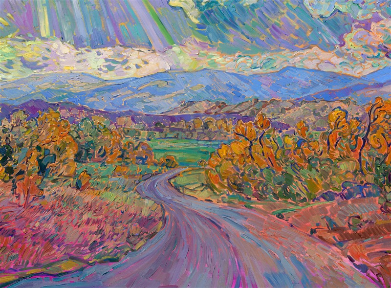 Rolling clouds hang low over the horizon, parting for the long rays of late afternoon sun to streak through and illuminate the ground below. The pathway leads you into the painting, into a world of beauty and light brought to life with thick, impasto brush strokes of oil paint. </p><p>Erin Hanson creates her Open Impressionism paintings using only five colors, and she tries not to overlap her brushstrokes, getting the painting "right the first time." The underpainting peeks out between the brush strokes, creating a mosaic, or stained glass, look to her paintings. "Amazing Grace" will be on display at The Erin Hanson Gallery for The Colossal Collection on August 9th, 2025. You are welcome to join us for the Artist's reception! You may purchase this painting in advance, but the piece will not ship until after August 9th.