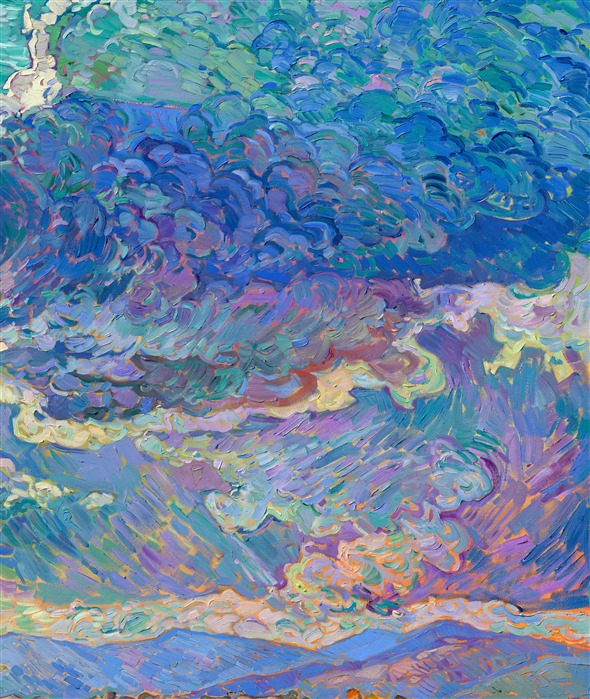 Rolling clouds hang low over the horizon, parting for the long rays of late afternoon sun to streak through and illuminate the ground below. The pathway leads you into the painting, into a world of beauty and light brought to life with thick, impasto brush strokes of oil paint. </p><p>Erin Hanson creates her Open Impressionism paintings using only five colors, and she tries not to overlap her brushstrokes, getting the painting "right the first time." The underpainting peeks out between the brush strokes, creating a mosaic, or stained glass, look to her paintings. "Amazing Grace" will be on display at The Erin Hanson Gallery for The Colossal Collection on August 9th, 2025. You are welcome to join us for the Artist's reception! You may purchase this painting in advance, but the piece will not ship until after August 9th.