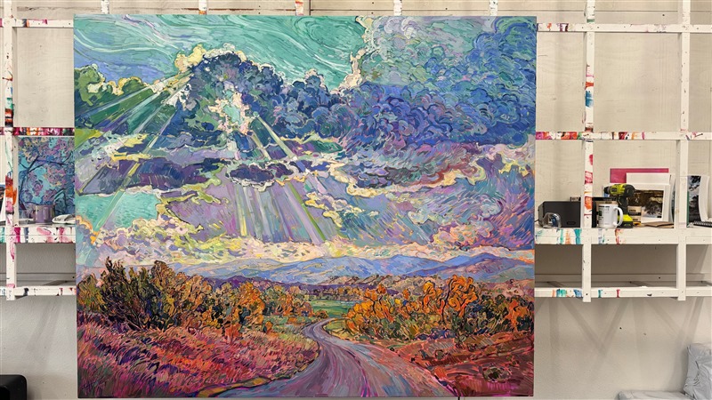 Rolling clouds hang low over the horizon, parting for the long rays of late afternoon sun to streak through and illuminate the ground below. The pathway leads you into the painting, into a world of beauty and light brought to life with thick, impasto brush strokes of oil paint. </p><p>Erin Hanson creates her Open Impressionism paintings using only five colors, and she tries not to overlap her brushstrokes, getting the painting "right the first time." The underpainting peeks out between the brush strokes, creating a mosaic, or stained glass, look to her paintings. "Amazing Grace" will be on display at The Erin Hanson Gallery for The Colossal Collection on August 9th, 2025. You are welcome to join us for the Artist's reception! You may purchase this painting in advance, but the piece will not ship until after August 9th.