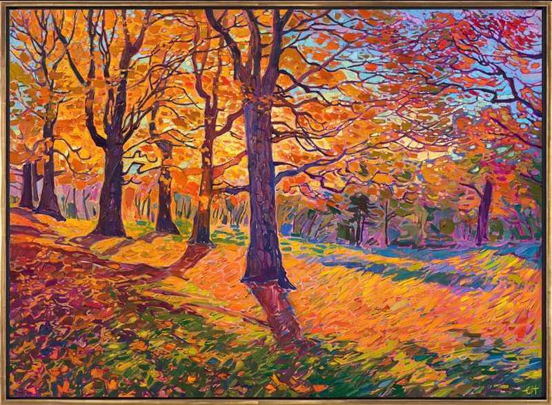 Rich hues of orange and gold blanket the landscape with fall color in this painting of the Blue Ridge Mountains in North Carolina. This painting was inspired by a hike through the Cone Manor property. The late afternoon shadows cast dramatic, abstract shapes across the leaf-covered grass. </p><p>"Appalachian Oaks" is an original oil painting on stretched canvas. The piece arrives framed in a contemporary floater frame finished in burnished, 23kt gold leaf.