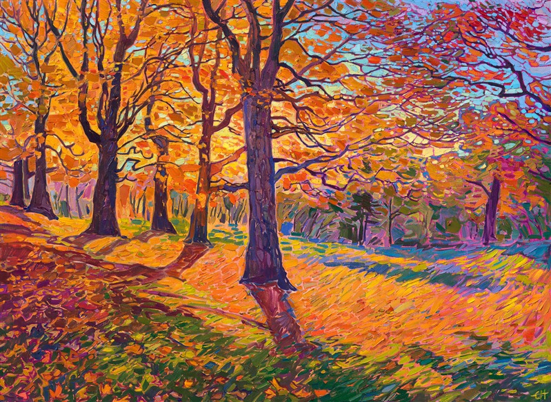 Rich hues of orange and gold blanket the landscape with fall color in this painting of the Blue Ridge Mountains in North Carolina. This painting was inspired by a hike through the Cone Manor property. The late afternoon shadows cast dramatic, abstract shapes across the leaf-covered grass. 

"Appalachian Oaks" is an original oil painting on stretched canvas. The piece arrives framed in a contemporary floater frame finished in burnished, 23kt gold leaf.