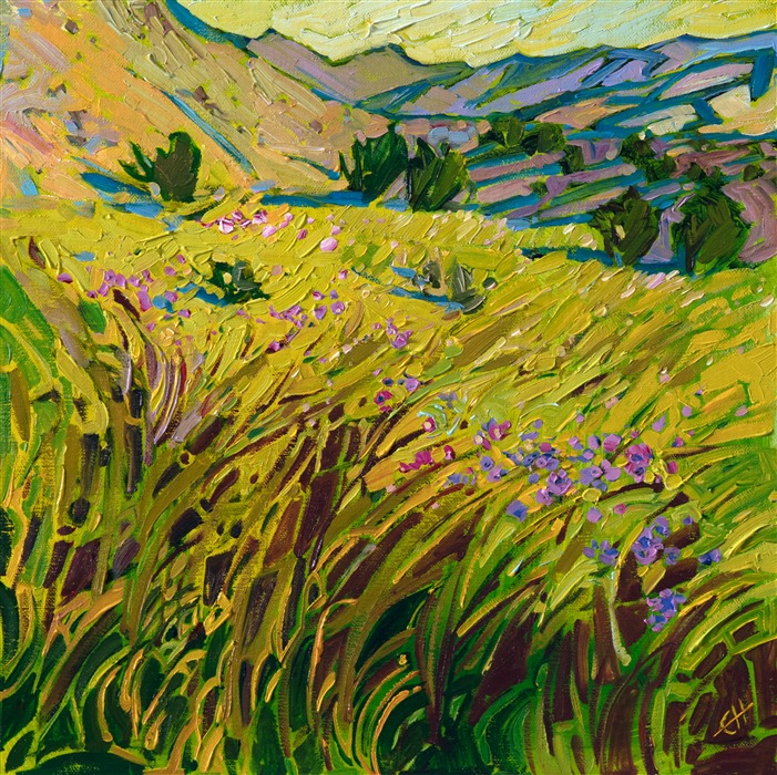 The landscape north of Alpine, Texas, in Big Bend Country, is drenched in colors of spring: apple green grass and purple wildflowers cover the rolling hills and plateaus of this diverse landscape.

This painting will be on display at the Museum of the Big Bend, during the solo exhibition <i><a href="https://www.erinhanson.com/Event/MuseumoftheBigBend" target="_blank">Erin Hanson: Impressions of Big Bend Country.</a></i> This painting will be ready to ship after January 10th, 2019. <a href="https://www.erinhanson.com/Portfolio?col=Big_Bend_Museum_Show_2018">Click here</a> to view the collection.

This painting has been framed in a custom-made gold frame. The painting arrives ready to hang.