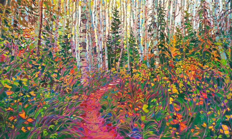 Impasto brush strokes of oil paint capture this enchanted forest of aspen and pine trees. The narrow path leads you through the quiet forest, surrounded by fragrant evergreens and autumn-colored aspens.

"Aspen Forest" is featured on <a href="https://www.erinhanson.com/blog?p=ErinHansonFrameTV">Samsung Frame TV</a>.