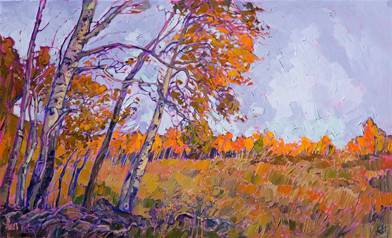 This painting of Cedar Breaks National Park, in Utah, captures the contrast of the autumn aspens against a lavender-hued, cloudy dawn sky.  This painting is alive with texture and motion, the brush strokes forming an impressionistic mosaic of color.

This painting has been framed in a hand-carved, gold-leaf floater frame.  This custom frame beautifully complements the colors in the painting.  Read more about the <a href="https://www.erinhanson.com/Blog?p=AboutErinHanson" target="_blank">painting's details here.</a>

