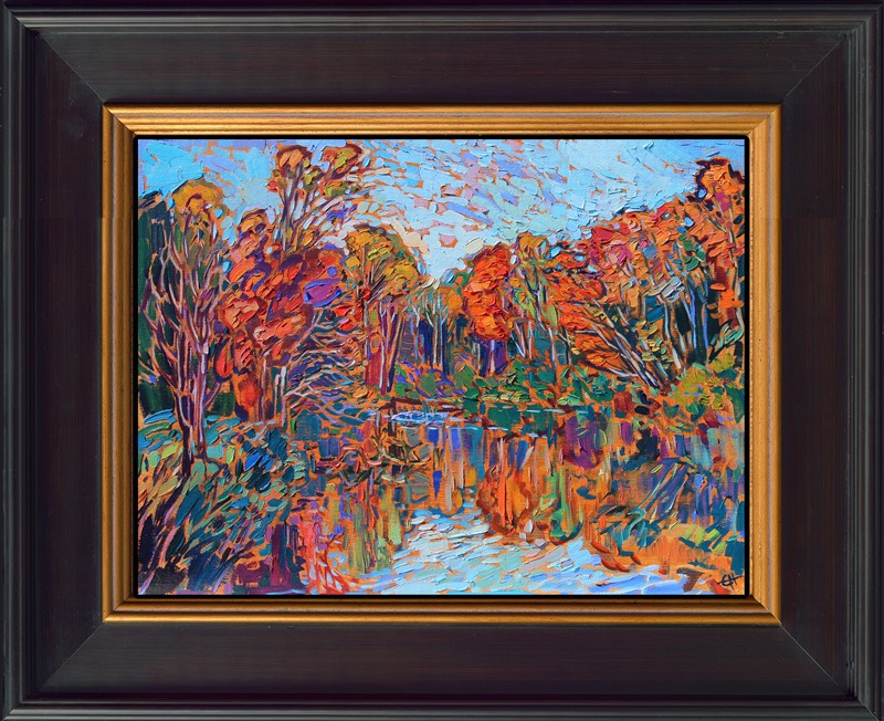 Thick brush strokes and vivid color capture the beauty of the Blue Ridge Mountains at the peak of fall color. Leaf peeping among the gently rolling hills, winding rivers, and lakes brought me to many unexpected vistas of color.</p><p>"Autumn Lake" is an original oil painting on linen board, done in Erin Hanson's signature Open Impressionism style. The piece arrives framed in a wide, mock floater frame finished in black with gold edging.</p><p>This piece will be displayed in Erin Hanson's annual <i><a href="https://www.erinhanson.com/Event/petiteshow2023">Petite Show</i></a> in McMinnville, Oregon. This painting is available for purchase now, and the piece will ship after the show on November 11, 2023.