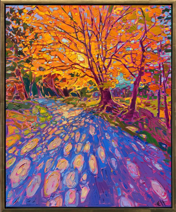 Golden hues of autumn drench the landscape with saturated colors. This impressionist oil painting captures the fleeting colors of autumn at their peak. This work was inspired by the Blue Ridge Mountains in North Carolina.</p><p>"Autumn Lights" is an original oil painting by Erin Hanson, created on stretched canvas. The piece arrives framed in a custom floater frame finished in burnished, 23kt gold leaf.