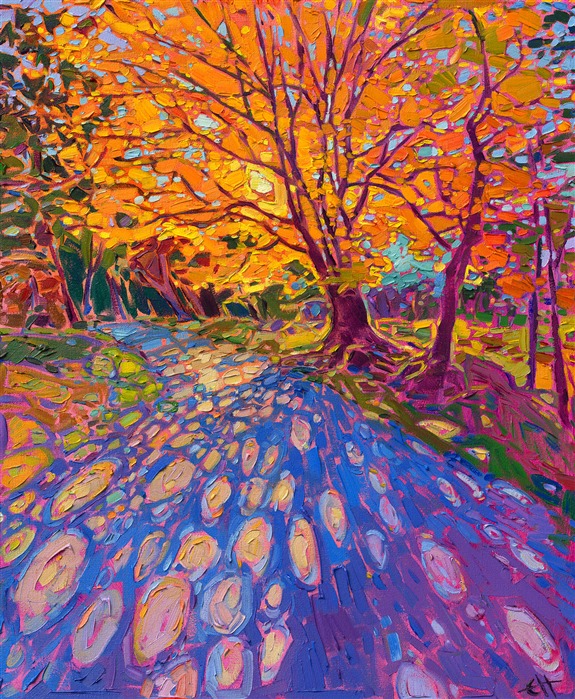 Golden hues of autumn drench the landscape with saturated colors. This impressionist oil painting captures the fleeting colors of autumn at their peak. This work was inspired by the Blue Ridge Mountains in North Carolina.

"Autumn Lights" is an original oil painting by Erin Hanson, created on stretched canvas. The piece arrives framed in a custom floater frame finished in burnished, 23kt gold leaf.