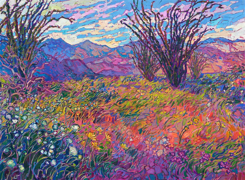 Borrego Springs is alive with color during its rare superblooms. White, purple, and yellow wildflowers dot the desert floor, blanketing the sand with unexpected bursts of color. This painting captures ocotillo and wildflowers against the steep mountains that surround Borrego Springs.
