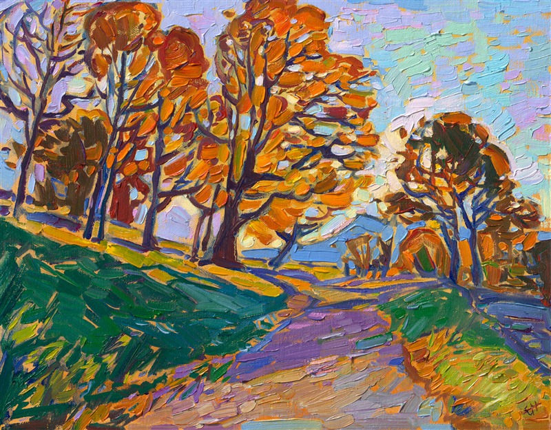 The Blue Ridge Mountains in North Carolina are a leaf peeper's dream, with every shade and hue of autumn represented in the daily-changing foliage. This painting was inspired by the grounds at Moses H. Cone Memorial Park, off Blue Ridge Parkway. The brush strokes in this painting are laid side-by-side, without layering, creating a stained-glass effect of paint and texture on the canvas.