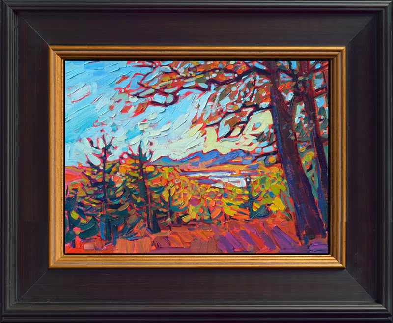 A petite canvas captures the wide landscape and vivid fall colors of the Blue Ridge Mountains in North Carolina. Blue Ridge Parkway is the most-traveled highway in the U.S., as leaf peepers from far and wide gather to see the brilliant fall foliage.</p><p>"Blue Ridge Vista" is an original oil painting on linen board. The piece arrives framed in a classic black and gold plein air frame, ready to hang.