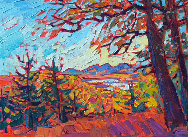 A petite canvas captures the wide landscape and vivid fall colors of the Blue Ridge Mountains in North Carolina. Blue Ridge Parkway is the most-traveled highway in the U.S., as leaf peepers from far and wide gather to see the brilliant fall foliage.

"Blue Ridge Vista" is an original oil painting on linen board. The piece arrives framed in a classic black and gold plein air frame, ready to hang.