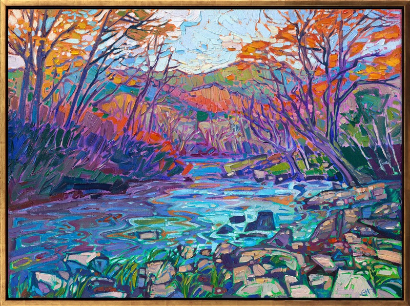 The Blue Ridge Mountains, North Carolina's Appalachian range, are filled with classic autumn color and old-world charm. This painting captures a winding stream in Price Park and the gently-rounded mountains of the Appalachians.