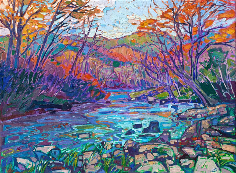 The Blue Ridge Mountains, North Carolina's Appalachian range, are filled with classic autumn color and old-world charm. This painting captures a winding stream in Price Park and the gently-rounded mountains of the Appalachians.
