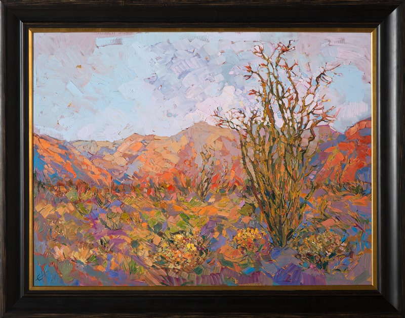 The California desert is captured here in vivid color and energetic brush strokes.The warm hues of the desert floor are contrasted with a cool morning sky, while the impressionist movement of the paint strokes capture the fleeting experience of the outdoors.  This oil painting was created over 24 karat gold leaf, so that glints of gold glimmer through the paint at certain angles.  You can see this effect in the second photograph above.</p><p>This painting was created on 3/4" canvas.  It has been framed in a wide plein air frame and arrives ready to hang.