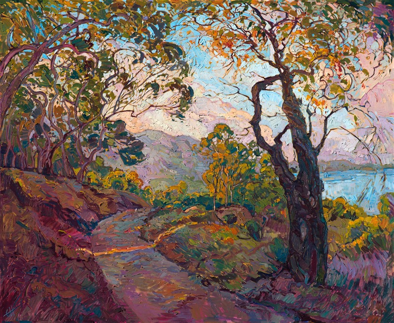 An inviting coastal path near La Jolla, California, beckons you to wander down the eucalyptus-lined trail to the sheltered cove below.  Thick, impressionistic brush strokes express the life and energy of a beautiful landscape with vivid color.  Following the tradition of the California impressionists, but with a dash of modern flair, this is a perfect example of Hanson's signature style, Open Impressionism.</p><p>This painting was created on 2" museum-depth canvas, with the painting continued around the edges of the stretched canvas. It arrives ready to hang without a frame. (Please contact the artist if you would like information on framing options for this painting.)