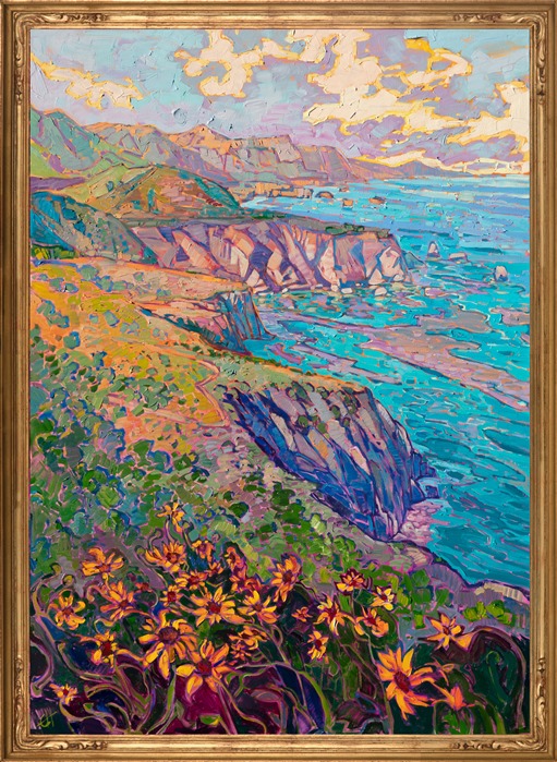 Highway 1 blooms with springtime color in this large, impressionistic oil painting by Erin Hanson. The thickly applied paint vibrates with color, and the motion of the brush strokes pulls you through the painting and lets you escape into your imagination.</p><p>"California in Bloom" was created on 3/4" canvas. The piece arrives in a hand-carved and gilded impressionist frame.