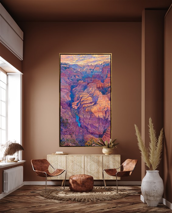 The Grand Canyon is a painter's paradise... every morning and every sunset the canyon looks different. This painting was inspired by an early morning out at Hopi Point. As the clouds moved slowly overhead, the first rays of dawn shot through the cloud layer and illuminated the canyon below in an ever-changing dance of color and light. I used thick, expressive strokes of oil paint to capture the strength and majesty of the vista.</p><p>"Canyon's First Light" will be on display at The Erin Hanson Gallery for <i><a href="https://www.erinhanson.com/Event/colossalcollection2025" target="_blank">The Colossal Collection</i></a> on August 9th, 2025. You are welcome to join us for the Artist's reception! You may purchase this painting in advance, but the piece will not ship until after August 9th.