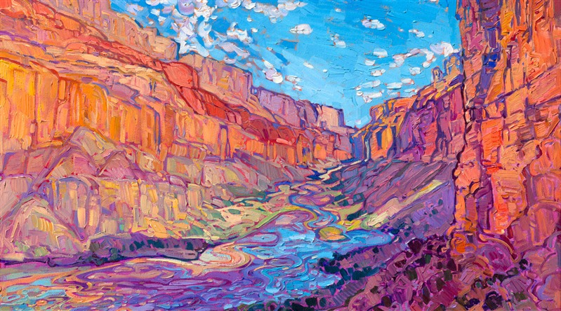 The Grand Canyon is captured in vivid hues of impressionist color, alive with movement and the feeling of freedom one feels standing on the edge of the Grand Canyon.