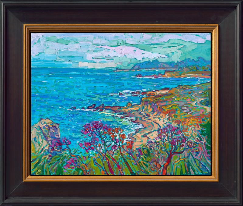 Rich hues of blue and turquoise swirl together in this painting of Carmel, California. The colorful coastline contrasts with the aquamarine waters, especially in springtime, when the shores are decorated with vibrant ice plants and other coastal flowers. </p><p>"Carmel Spring" is an original oil painting created on fine linen board. The piece arrives framed in a black and gold plein air frame, ready to hang.