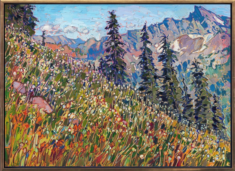 Hiking up the side of Mt Rainier, I felt surrounded in 360 degrees of epic, mountainous beauty. Every hundred feet or so, I would pause and look around, and each time, I was amazed at the changing vistas around me. This painting captures the rocky peaks just south of Mt Rainier, across Paradise Valley. Thick brush strokes capture the strong lines and contrasting colors of the Cascade range.