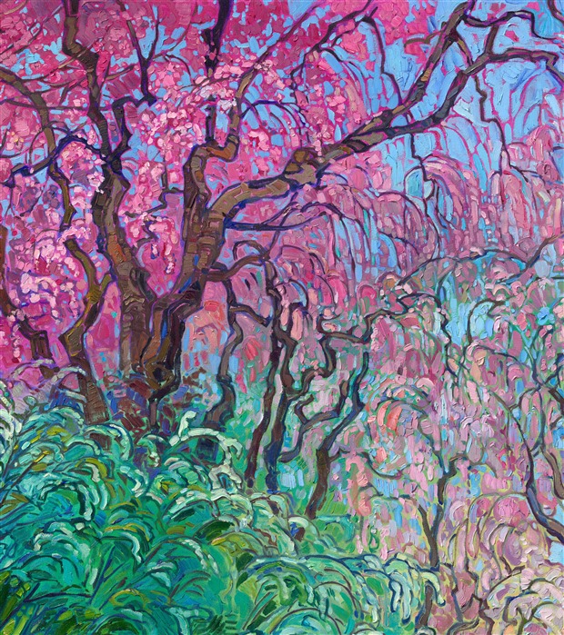 Experiencing Japan’s sakura season was a highlight of my spring travels. Kyoto’s weeping cherry trees, with their cascading pink blossoms, were breathtaking. I loved the variations in color and shape, each tree uniquely arching over pathways or framing tranquil ponds. Carefully placed in Japanese gardens, they created a perfect harmony between nature and design. In my painting, I aimed to capture both their fleeting beauty and the serenity of Kyoto in spring.</p><p>"Cascading Blossoms" will be on display at The Erin Hanson Gallery for The Colossal Collection on August 9th, 2025. You are welcome to join us for the Artist's reception! You may purchase this painting in advance, but the piece will not ship until after August 9th.