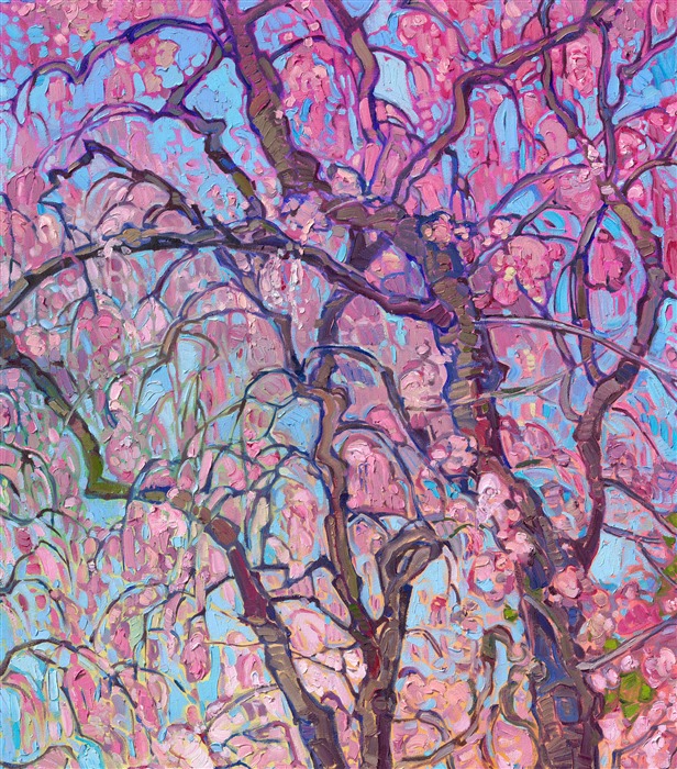 Experiencing Japan’s sakura season was a highlight of my spring travels. Kyoto’s weeping cherry trees, with their cascading pink blossoms, were breathtaking. I loved the variations in color and shape, each tree uniquely arching over pathways or framing tranquil ponds. Carefully placed in Japanese gardens, they created a perfect harmony between nature and design. In my painting, I aimed to capture both their fleeting beauty and the serenity of Kyoto in spring.</p><p>"Cascading Blossoms" will be on display at The Erin Hanson Gallery for The Colossal Collection on August 9th, 2025. You are welcome to join us for the Artist's reception! You may purchase this painting in advance, but the piece will not ship until after August 9th.