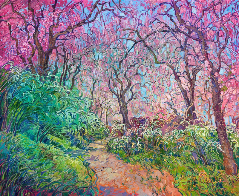 Experiencing Japan’s sakura season was a highlight of my spring travels. Kyoto’s weeping cherry trees, with their cascading pink blossoms, were breathtaking. I loved the variations in color and shape, each tree uniquely arching over pathways or framing tranquil ponds. Carefully placed in Japanese gardens, they created a perfect harmony between nature and design. In my painting, I aimed to capture both their fleeting beauty and the serenity of Kyoto in spring.

"Cascading Blossoms" will be on display at The Erin Hanson Gallery for The Colossal Collection on August 9th, 2025. You are welcome to join us for the Artist's reception! You may purchase this painting in advance, but the piece will not ship until after August 9th.