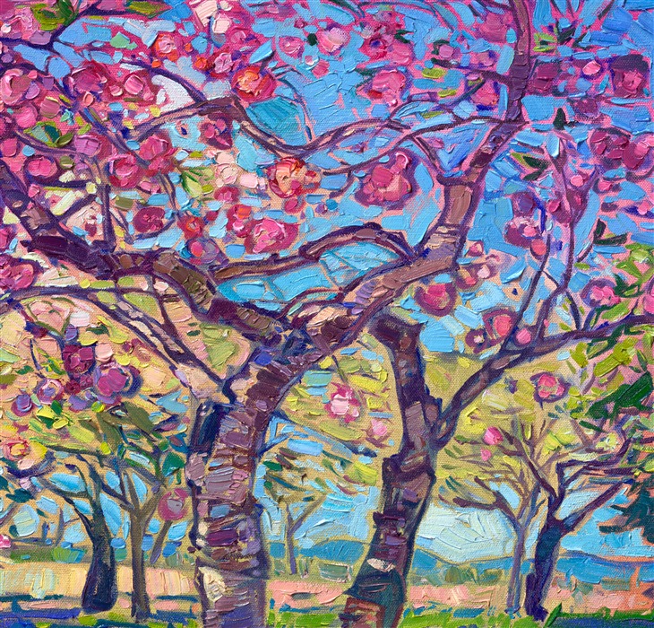 The northwest is alive with cherry blossoms in early spring -- I love seeing first the daffodils popping up everywhere, and then the cherry blossoms, and realizing winter is actually over! This painting captures all the fresh color and fresh breath of spring.