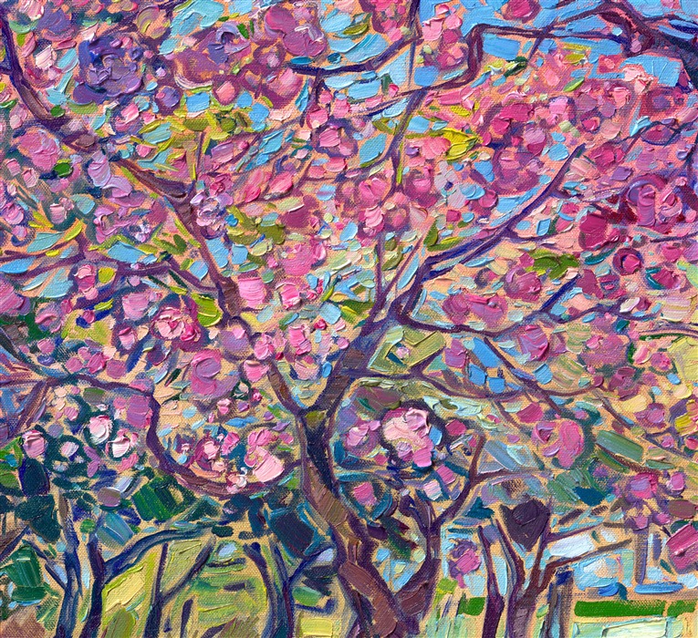 The northwest is alive with cherry blossoms in early spring -- I love seeing first the daffodils popping up everywhere, and then the cherry blossoms, and realizing winter is actually over! This painting captures all the fresh color and fresh breath of spring.