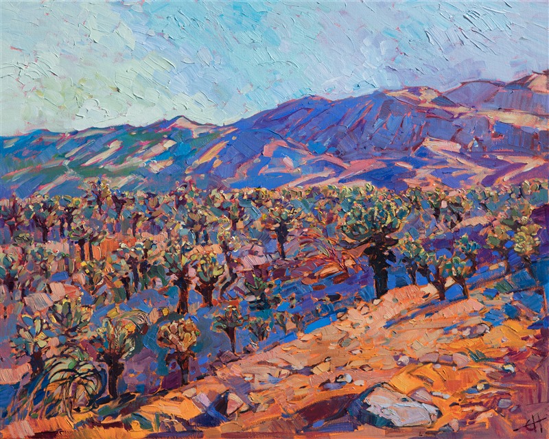 The cholla cactus fields in Joshua Tree National Park are amazing to see in person - the desert floor seems to glow with color as all the green cacti spines catch the light.  This painting depicts a late afternoon view of the desert in spring.

This piece was created on 1-1/2" gallery-depth canvas, with the painting wrapped around the sides of the canvas.  It has been framed in a gold floating frame.
