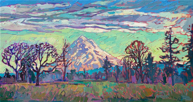 On a crystal clear day in the Willamette Valley, you can see all the way to Mt Hood in the distance. This painting captures an early morning golden hour on Mt Hood. Thick brush strokes capture the movement and vivacity of the scene.
