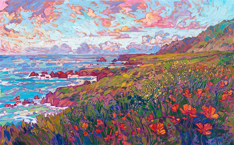 A flurry of coastal poppies catches the late afternoon light in this painting inspired by the California coast near Hearst Castle. The thick, impressionistic brush strokes capture the impression of standing out-of-doors in the coastal breeze.

"Coastal Poppies II" is featured on <a href="https://www.erinhanson.com/blog?p=ErinHansonFrameTV">Samsung Frame TV</a>.