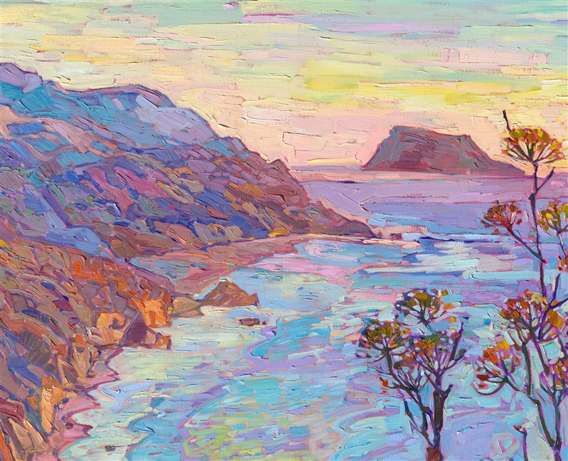 Thick brushstrokes of bold, impressionistic color fill this large canvas with the colors of California—aqua blue, royal lavender, burgundy, and taupe. California poppies and yellow mustard plants bloom in the foreground, creating a sense of depth and atmosphere in the painting. 