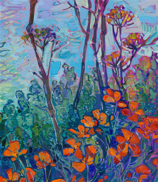 Thick brushstrokes of bold, impressionistic color fill this large canvas with the colors of California—aqua blue, royal lavender, burgundy, and taupe. California poppies and yellow mustard plants bloom in the foreground, creating a sense of depth and atmosphere in the painting. 