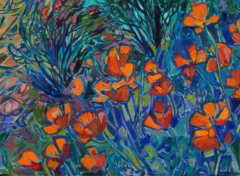 Thick brushstrokes of bold, impressionistic color fill this large canvas with the colors of California—aqua blue, royal lavender, burgundy, and taupe. California poppies and yellow mustard plants bloom in the foreground, creating a sense of depth and atmosphere in the painting. 