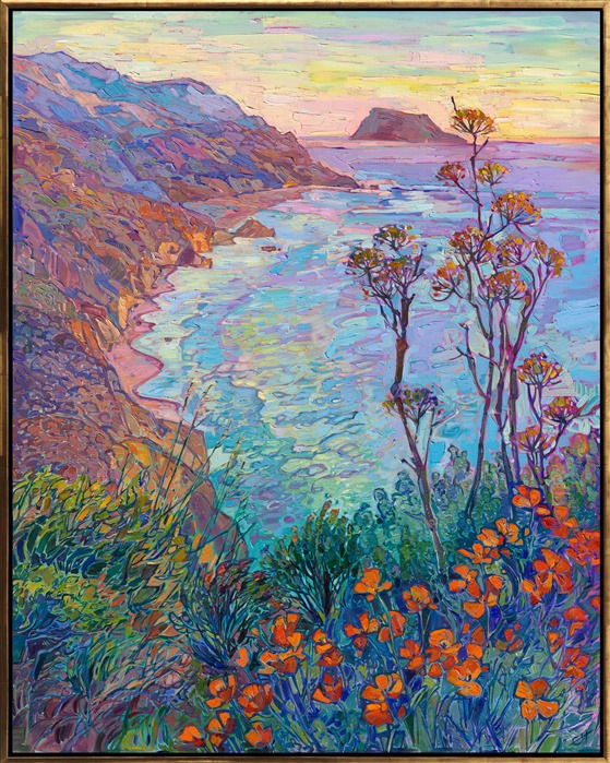 Thick brushstrokes of bold, impressionistic color fill this large canvas with the colors of California—aqua blue, royal lavender, burgundy, and taupe. California poppies and yellow mustard plants bloom in the foreground, creating a sense of depth and atmosphere in the painting. 