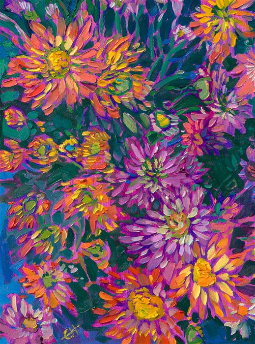 A medley of colorful petals swirls together in this painting of wildflower blooms. The brush strokes are thick and impressionistic, alive with color and motion.

"Color Blooms" is an original oil painting on linen board. The piece arrives framed in a wide, custom frame designed to set off the colors in the piece.

This painting will be displayed at Erin Hanson's annual <a href="https://www.erinhanson.com/Event/ErinHansonSmallWorks2022" target=_"blank"><i>Petite Show</a></i> on November 19th, 2022, at The Erin Hanson Gallery in McMinnville, OR.