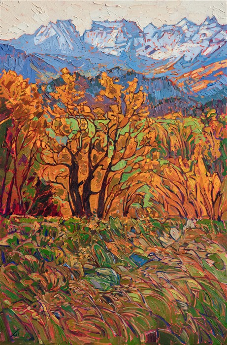 Brightly colored cottonwood trees dance along the foothills of the distant Colorado Rockies. The abstracted landscape captures the brilliant color and emotion of autumn. 

This painting was created on 1-1/2" canvas, with the painting continued around edges. It will arrive framed in a custom-made, gold floater frame.
