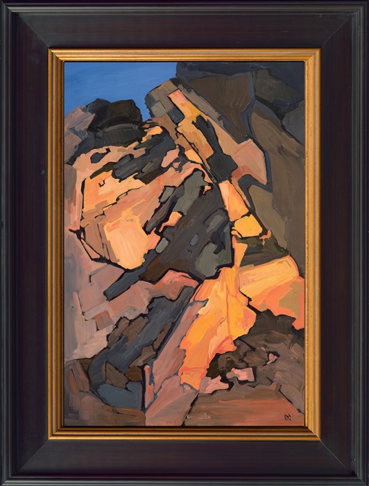 "Crack in the Rock" was one of the first paintings Erin Hanson ever painted in the style of Open Impressionism, painted while she was developing her style and rock climbing at Red Rock Canyon, Nevada. Her style of painting in distinct brushstrokes separated in mosaic-like shapes was developed in her attempt to capture the planes and dark cracks in the rock faces she loved to climb.

Erin's iconic style "Open Impressionism" is now taught in art schools worldwide, and her pieces hang in the permanent collections of many museums in the United States. This rare painting was made available for us to sell on consignment. 

This painting was exhibited at <i>Erin Hanson: Landscapes of the West </i> solo museum exhibition at the Sears Art Museum in St. George, Utah.
