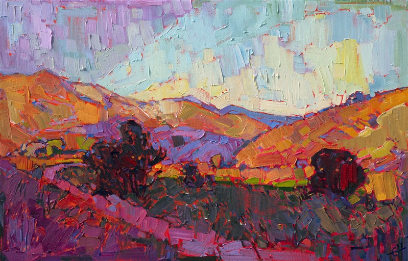 A contemporary blend of color, this painting is truly a painter's impression of a landscape, which each wide, buttery stroke capturing the life and motion of the outdoors.  This painting seems to have a rhythm of its own, with changing texture and color in harmony together.

This landscape painting was created on gallery-depth canvas, with the painting continued around the edges of the canvas.  The painting has been framed in a beautiful floater frame, and it arrives wired and ready to hang.  This frame has a gold face which compliments the colors in this painting.
