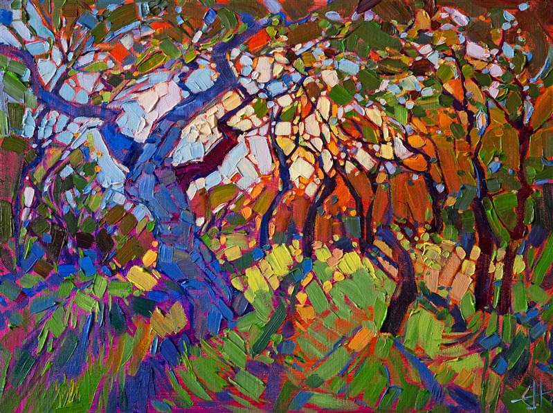 A painting in the "Crystal Light" series, this petite oil captures light and shadow with dramatic color and a mosaic technique of laying brush strokes side-by-side without layering.  The effect is beautiful and fanciful.

This painting has been framed in a classic gold frame, and it arrives ready to hang.
