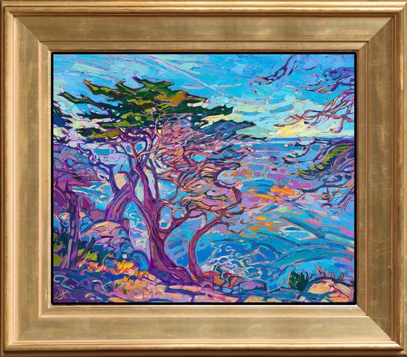 "Cypress Blue" is an impressionist oil painting of the iconic Monterey cypress trees that grow near Carmel-by-the-Sea. Thick brushstrokes mimic the swirling, moving waters below, peeking out between the abstract branches of the cypress trees. This petite work arrives framed in a custom-made, wide gold frame.</p><p>This painting will be displayed at Erin Hanson's annual <a href="https://www.erinhanson.com/Event/ErinHansonSmallWorks2022" target=_"blank"><i>Petite Show</a></i> on November 19th, 2022, at The Erin Hanson Gallery in McMinnville, OR.