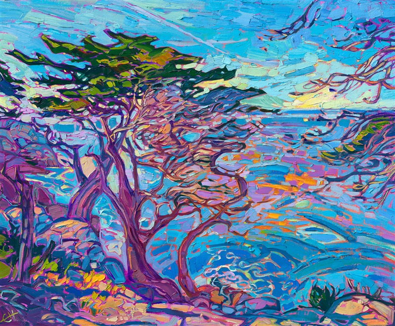 "Cypress Blue" is an impressionist oil painting of the iconic Monterey cypress trees that grow near Carmel-by-the-Sea. Thick brushstrokes mimic the swirling, moving waters below, peeking out between the abstract branches of the cypress trees. This petite work arrives framed in a custom-made, wide gold frame.

This painting will be displayed at Erin Hanson's annual <a href="https://www.erinhanson.com/Event/ErinHansonSmallWorks2022" target=_"blank"><i>Petite Show</a></i> on November 19th, 2022, at The Erin Hanson Gallery in McMinnville, OR.
