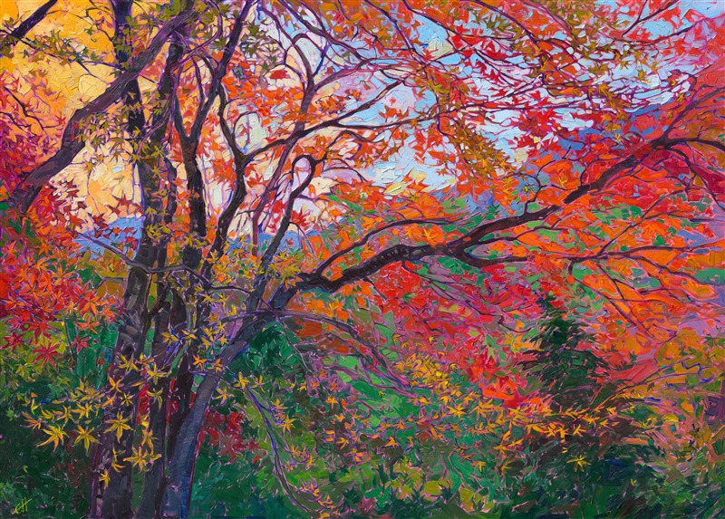 The Japanese maple tree is very graceful, its tiny pointed leaves delicately arranged like filigree to catch the autumn sun's rays. Layers of golden yellow contrast with fiery orange and red, while distant peeks of blue mountain appear in the distance. The brush strokes in this painting are thick and impressionistic, alive with texture and color.

This painting will be framed in a custom-made, gilded floater frame. The piece was created on gallery-depth canvas, with the painting continued around the edges of the canvas.