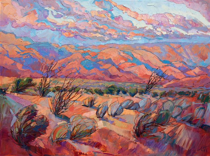 Stark desert plants and soft morning light capture the desert above the Coachella Valley. The dramatic shadows move you through the painting, the thick paint strokes jumping from the canvas in a mosaic explosion of color.

This painting was done on 2"-deep canvas, with the painting continued around the edges.  It has been framed in a soft white gold floater frame that complements the sage colors in the piece.