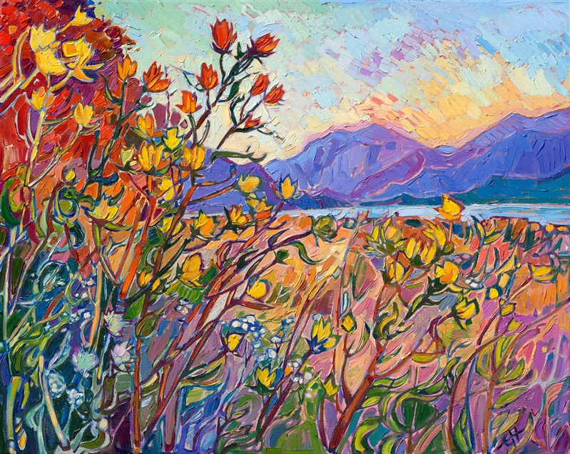 This painting was inspired by the first golden hour I experienced on my photo safari through Washington state this year. I traveled through Sequim, the Olympic Peninsula, Mt Rainier, and the San Juan Islands, but the first scene I wanted to paint was this small collection of flowers on the edge of Sequim Bay that glowed in the golden hour light, with purple and blue mountains in the background. The colors were so dramatic and perfectly reflective of what I love about Northwestern color.