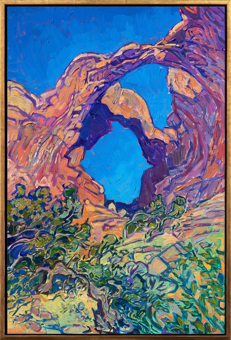 Arches National Park is one of my favorite national parks to paint. The clean, abstract rock formations make great painting compositions, and the buttery colors of sandstone rock allow me to use the full range of my palette from creamy yellow to butternut orange to vivid purple. This painting captures the famous double arches at Arches National Park.</p><p><b>This painting is in the Sears Museum's permanent collection in St. George, Utah. </b></p><p>This painting was exhibited at <i>Erin Hanson: Landscapes of the West </i> solo museum exhibition at the Sears Art Museum in St. George, Utah.